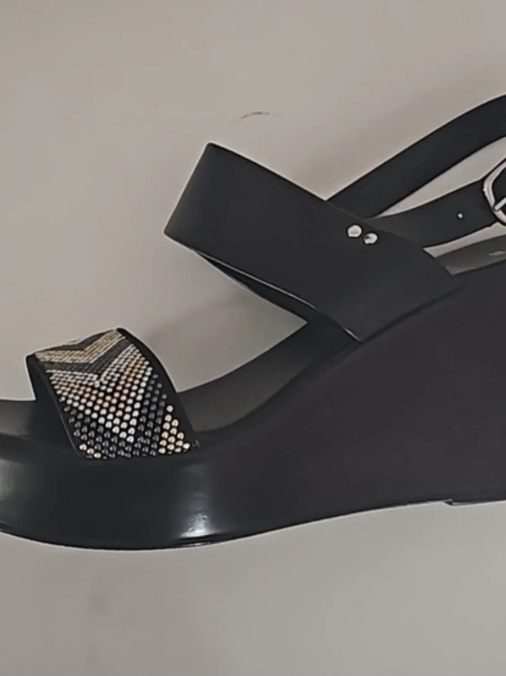 Italian Shoemakers Black Wedge Sandals with Metallic Rhinestone Strap NWOT